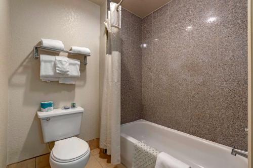 a bathroom with a toilet and a shower and a tub at Best Western Orchard Inn in Turlock