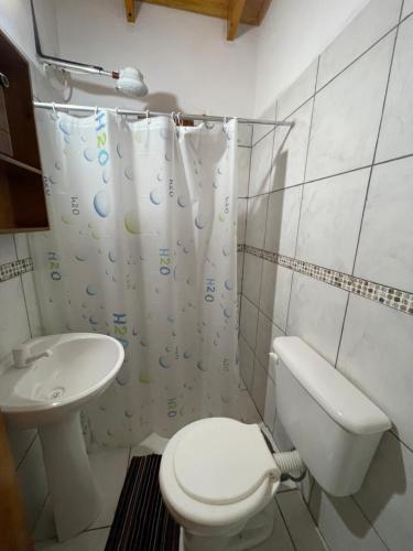 La salle de bains est pourvue de toilettes et d'un lavabo. dans l'établissement Alojamientos Iguazú, à Puerto Iguazú