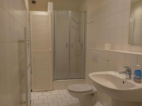 a bathroom with a shower and a toilet and a sink at To Hus, Whg 2 in Kellenhusen