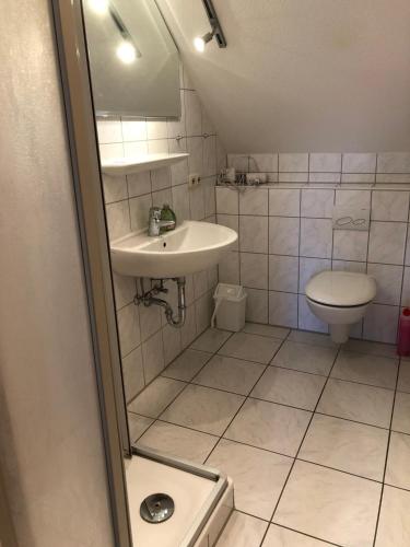 a small bathroom with a sink and a toilet at To Hus, Whg 4 in Kellenhusen