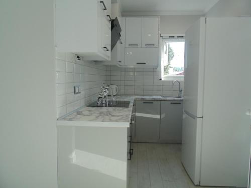 een witte keuken met een wastafel en een koelkast bij white rose in Potamós