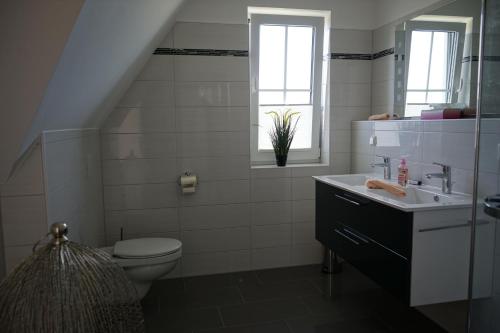 a bathroom with a toilet and a sink and a window at Nordlicht II in Trent