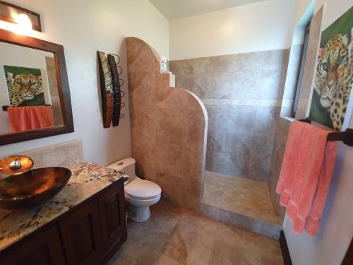 a bathroom with a sink and a toilet and a shower at Fishers Landing Boutique Hotel in Roatan