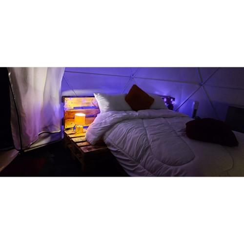 a bedroom with a bed with a purple light at Glamping Mirador de Tibacuy in El Cape