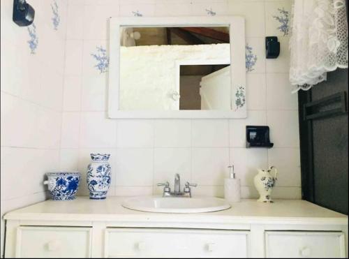 a bathroom counter with a sink and a mirror at Increíble finca en felidia in Cali