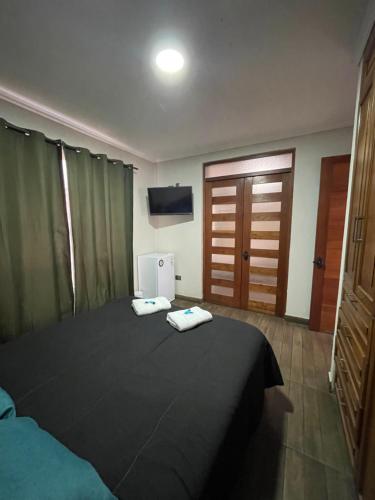 a bedroom with a bed and a television and a door at Residencial Astorga in Rancagua