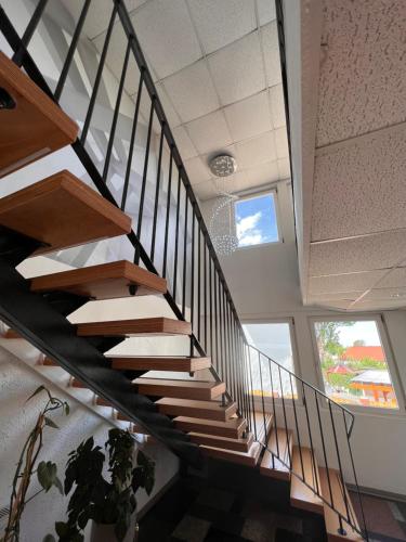 a spiral staircase in a house with a window at Gäste & Seminarhaus Harz in Ballenstedt