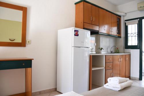 a kitchen with a white refrigerator and wooden cabinets at Villa Panagiota in Toroni