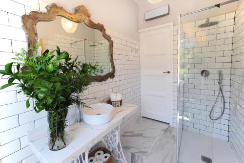 uma casa de banho com um espelho e uma planta num balcão em La Casa de Santa Florentina-Parking incluido - 100 m2 em Cartagena