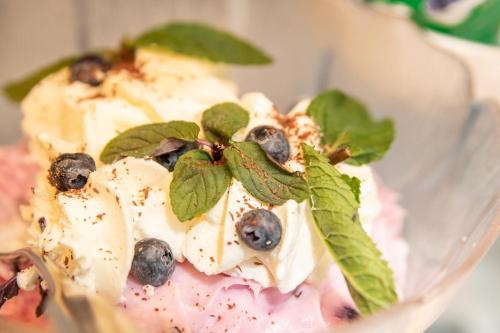 a dessert with blueberries and mint on a plate at Hotel Gasthof Post in Nesselwang