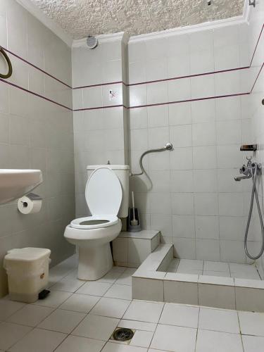a white bathroom with a toilet and a shower at Maison La Mer in Agia Paraskevi