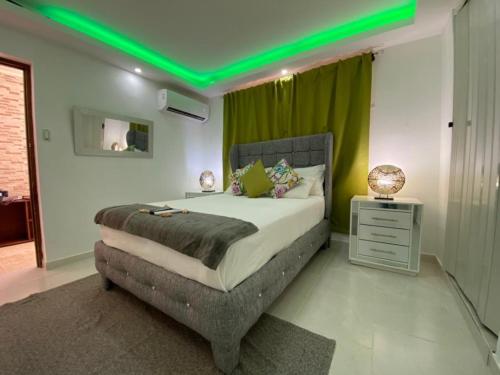 um quarto com uma cama com um tecto verde em Room in Guest room - Cozy 1bd with common Jacuzzi em Sosúa