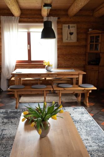 a living room with a table and a potted plant at Piešupīte in Staburags
