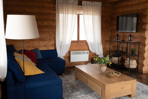 a living room with a blue couch and a table at Piešupīte in Staburags