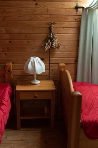 a bedroom with two beds and a lamp on a table at Piešupīte in Staburags