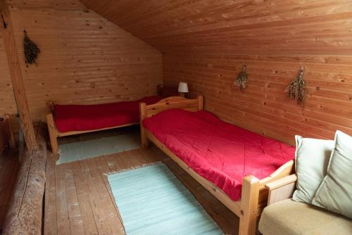 a room with two beds in a log cabin at Piešupīte in Staburags