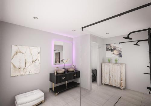 a bathroom with a glass shower and a toilet at BLACK AMBER BOUTIQUE HOTEL in Lampi