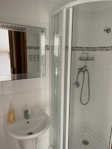 ein weißes Bad mit einem Waschbecken und einer Dusche in der Unterkunft Hotel Sonnenhof/Slavia in Horní Podluží