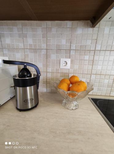 a bowl of oranges on a counter next to a blender at Despo's Apartment in Volos