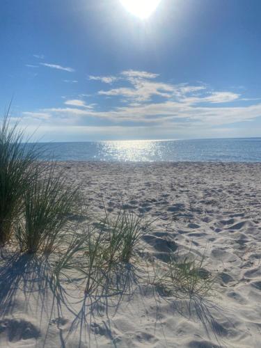 a sandy beach with the ocean in the background at ''Zur alten Boddenfischerei'' Ferienwohnung Weitblick in Saal