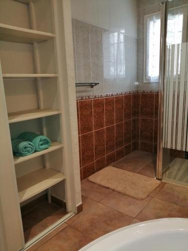 La salle de bains est pourvue d'une douche avec étagères et d'un lavabo. dans l'établissement Chambre d'hôtes à Usclas d'Hérault, à Usclas-lʼHérault