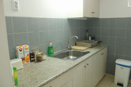 a kitchen with a sink and a counter top at PENELOPE'S STREET OLD HOUSE in Lefkada