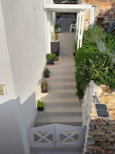 a staircase leading up to a house with potted plants at Ornella's & Laura's secret place in Livadia