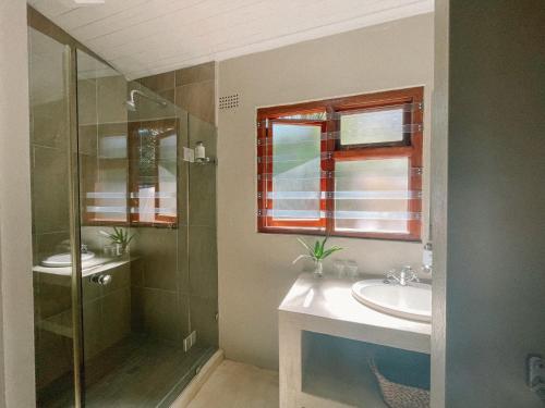 a bathroom with a shower and a sink and a mirror at Ngoye Lodge in Mtunzini