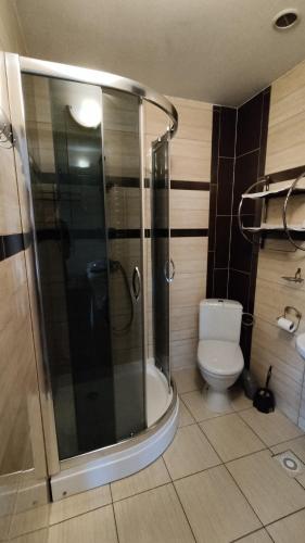 a bathroom with a shower and a toilet at Pokoje Gościnne Barka - 300m do RESTAURACJI - 900m do JEZIORA i VELO CZORSZTYN in Kluszkowce