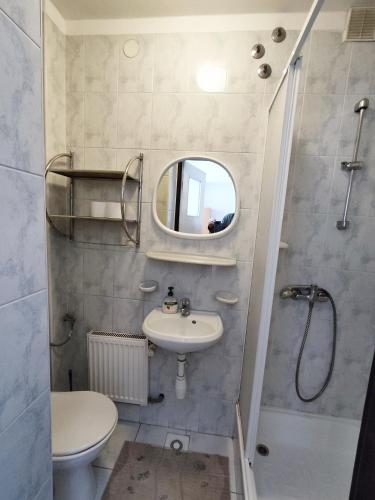 a bathroom with a sink and a shower and a toilet at Pokoje Gościnne Barka - 300m do RESTAURACJI - 900m do JEZIORA i VELO CZORSZTYN in Kluszkowce