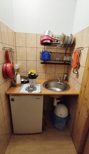 a kitchen with a sink and a counter with utensils at Pokoje Gościnne Barka - 300m do RESTAURACJI - 900m do JEZIORA i VELO CZORSZTYN in Kluszkowce