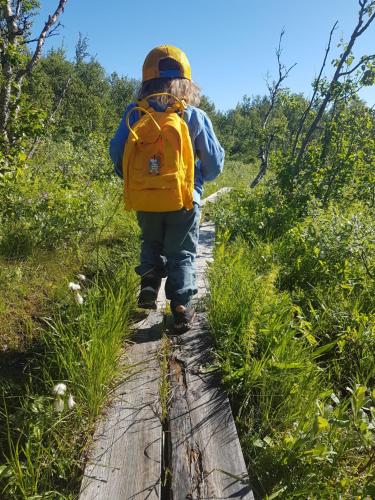a young boy with a backpack walking on a trail at Renfjällsgården in Edsåsdalen