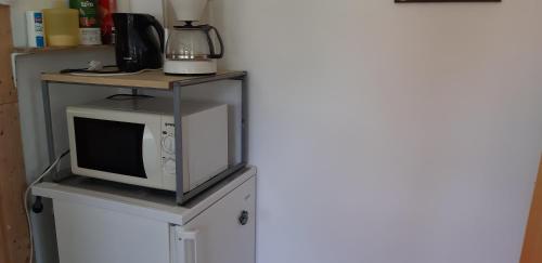 a microwave oven sitting on top of a cabinet at Kamilla Vendégház in Ács