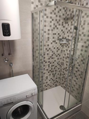 a shower stall with a washing machine in a bathroom at Apartment Eva in Pula