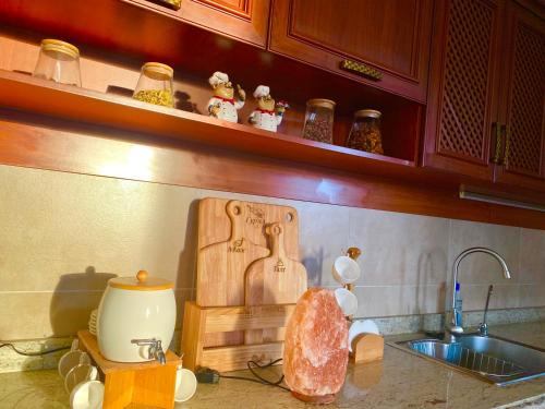 a kitchen counter with a sink and a cutting board at Gobi-Girl in Ulaanbaatar