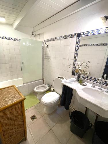a bathroom with a toilet and a sink and a shower at Casa divina temporaria en Tafí Del Valle ,pleno centro in Tafí del Valle