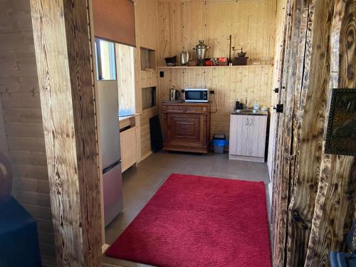 a small kitchen with a refrigerator and a red rug at Irbosk Apartments in Kiviõli