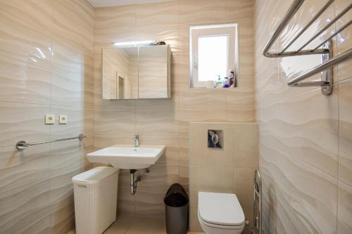 W łazience znajduje się umywalka, toaleta i lustro. w obiekcie villa MIJO w Breli