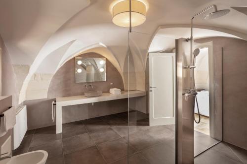 y baño con ducha y cabina de ducha acristalada. en Palazzo dei Tolomei en Lecce