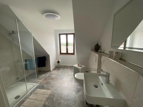 La salle de bains blanche est pourvue d'un lavabo et d'une douche. dans l'établissement Apartment Hohe Pappel Weimar, à Weimar