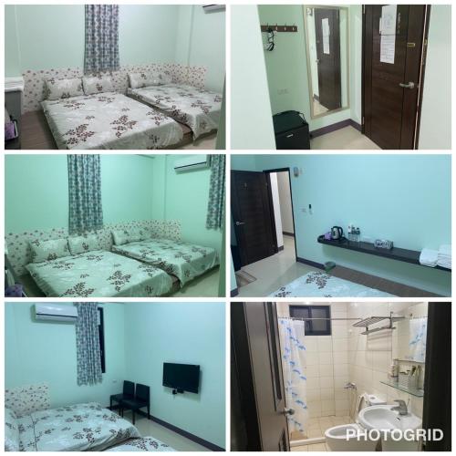 a collage of four pictures of a bedroom at 喜洋洋民宿 in Magong