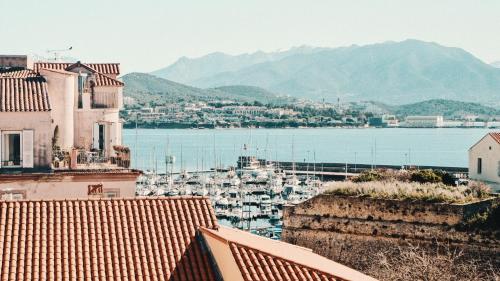 a view of a city and a harbor with boats at Hotel San Carlu Citadelle Ajaccio in Ajaccio