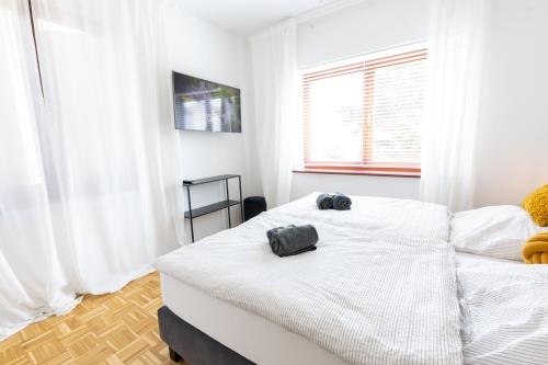 a bedroom with two white beds and a window at Rhein-Lahn Living - Modernes Design - Kontaktloser Zugang - Zentrale Lage nahe Rhein und Martinsburg - Apartments mit Küche & Wohnzimmer in Lahnstein