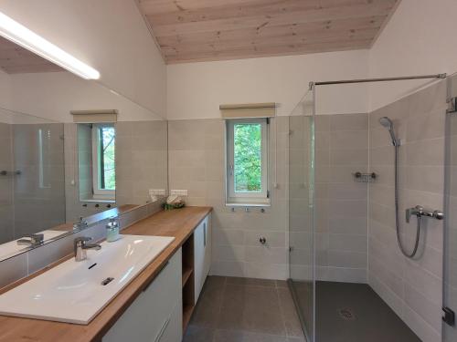 a bathroom with a sink and a shower at Domb ház Visegrád in Visegrád
