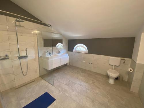 a bathroom with a shower and a toilet and a sink at Villa Mara in Pula