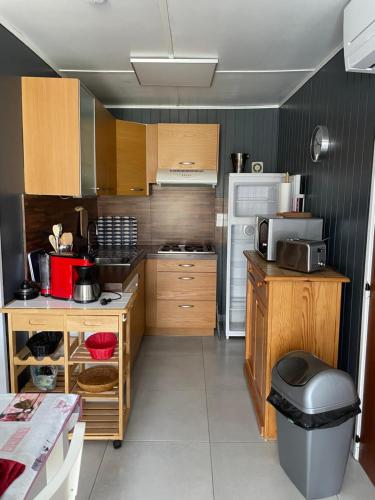 une cuisine avec des armoires en bois et un réfrigérateur blanc dans l'établissement Belle villa de vacances climatisée, residence TAMARIS, wifi, 2 chambres 4 à 6 couchages, accès payant pour les piscines et animations , PORTIRAGNES PLAGE LRTAMA57, à Portiragnes