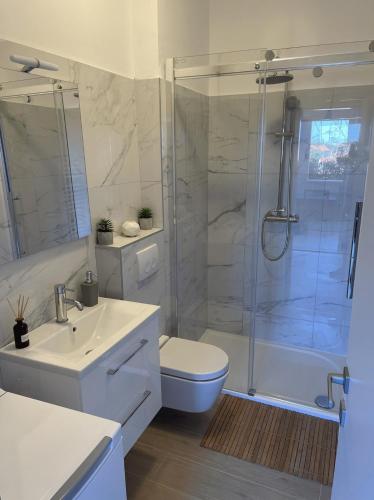 a bathroom with a shower and a toilet and a sink at Apartment Meri in Korčula