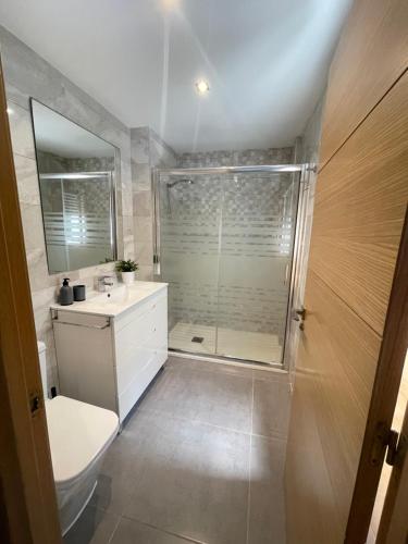 a bathroom with a shower and a toilet and a sink at UIM Mediterraneo Libertad 1 Wifi in Puerto de Sagunto