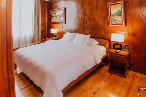 a bedroom with a large white bed and two lamps at Hotel Dunn Inn in San José