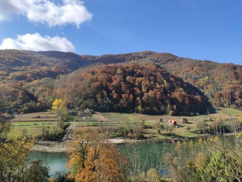 uma vista para uma montanha com um rio e árvores em Drinski pogled em Bajina Bašta